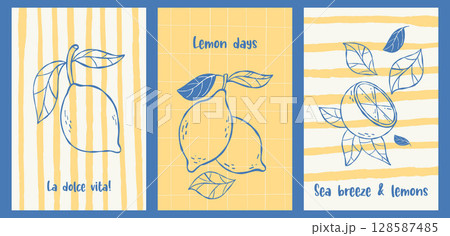 Summer Vintage lemon. Mediterranean Posters set. la dolce vita aesthetic hand drawing. Isolated outline Retro vertical yellow blue Banners. Vector illustration. Not AI 128587485