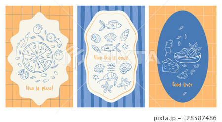 Retro Vintage Italian food Posters. Dolce vita Hand drawing. Isolated Mediterranean aesthetics postcards with pasta, Pizza, vegetables, seafood and cheese. Vector outline vertical Banner card. Not AI Retro Vintage Italian food Posters. Dolce vita Hand drawing. Isolated Mediterranean aesthetics postcards with pasta, Pizza, vegetables, seafood and cheese. Vector outline vertical Banner card. Not AI 128587486