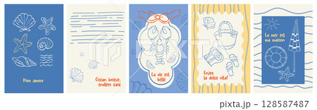 Retro summer postcards. Dolce vita aesthetics Hand drawing. Isolated Mediterranean Posters with French and English beach quotes. Vector outline Vintage vertical marine vacation cards. Not AI Retro summer postcards. Dolce vita aesthetics Hand drawing. Isolated Mediterranean Posters with French and English beach quotes. Vector outline Vintage vertical marine vacation cards. Not AI 128587487