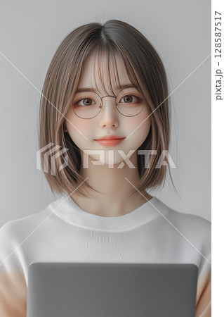 メガネをかけた若い女性がノートパソコンを持つビジネスシーン素材 128587517