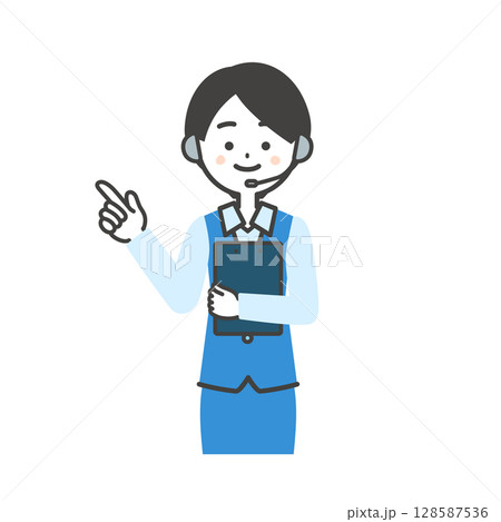 資料を抱えて指をさす制服姿の女性オペレーターイラスト 資料を抱えて指をさす制服姿の女性オペレーターイラスト 128587536