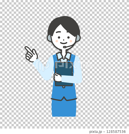 一名身穿制服的女操作員手持文件並指著 一名身穿制服的女操作員手持文件並指著 128587536