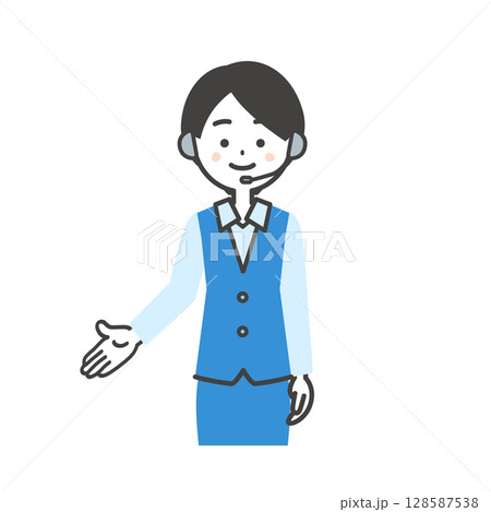 手で下方向を指し示す制服姿の女性オペレーターイラスト 手で下方向を指し示す制服姿の女性オペレーターイラスト 128587538