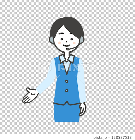 Illustration of a female operator in uniform pointing down with her hand 128587538