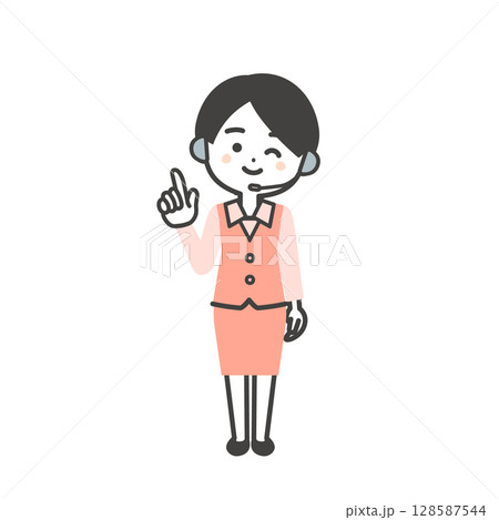 指を指してウインクする制服姿の3頭身女性オペレーターイラスト 128587544