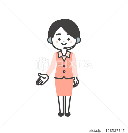 手で下方向を指し示す制服姿の3頭身女性オペレーターイラスト 手で下方向を指し示す制服姿の3頭身女性オペレーターイラスト 128587545