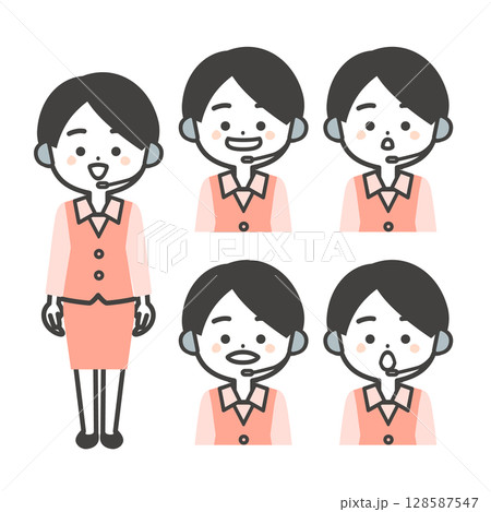 制服姿の3頭身女性オペレーターあいうえおの口の形イラスト 制服姿の3頭身女性オペレーターあいうえおの口の形イラスト 128587547