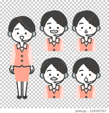 制服姿の3頭身女性オペレーターあいうえおの口の形イラスト 制服姿の3頭身女性オペレーターあいうえおの口の形イラスト 128587547