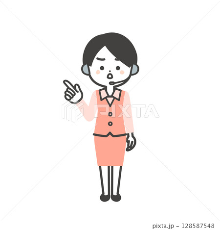 指を立てて真剣な顔をする制服姿の3頭身女性オペレーターイラスト 128587548