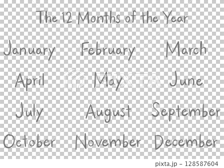 Handwritten English month names set (12 months) in felt tip pen style | Gray 128587604