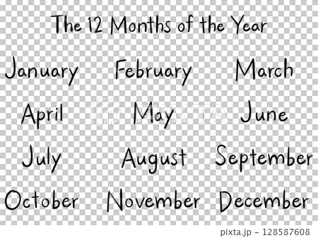 Handwritten English month names set (12 months) in felt tip pen style | Black 128587608