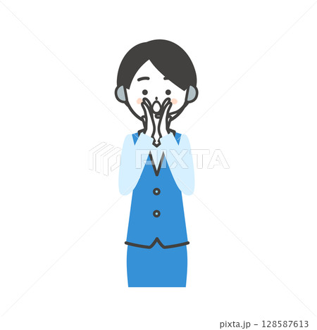 両手を口に添えて呼びかける制服姿の女性オペレーターイラスト 128587613