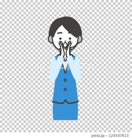 Illustration of a female operator in uniform calling with both hands over her mouth 128587613