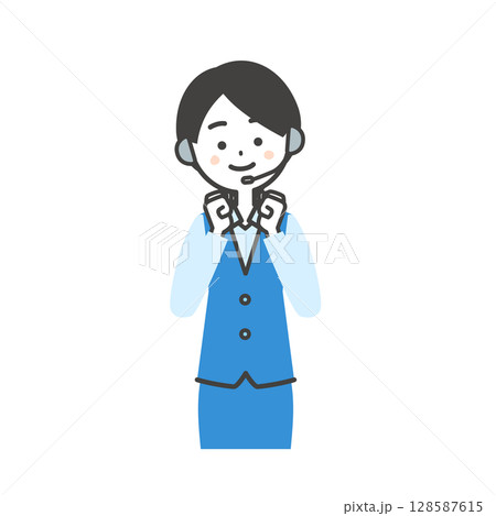 両手でガッツポーズをする制服姿の女性オペレーターイラスト 両手でガッツポーズをする制服姿の女性オペレーターイラスト 128587615