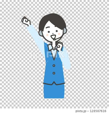 一名身穿制服的女操作員舉起拳頭並揮舞拳頭的插圖 128587616