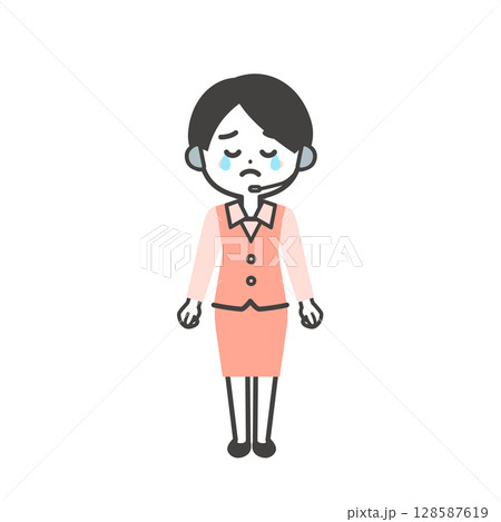 涙を流す制服姿の3頭身女性オペレーターイラスト 128587619
