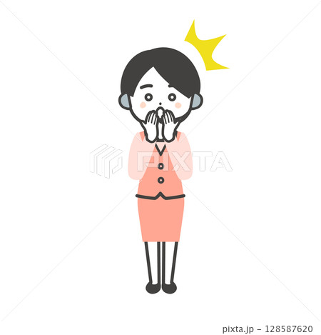 口を押えて驚く制服姿の3頭身女性オペレーターイラスト 128587620