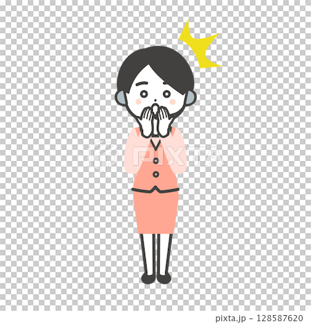 Illustration of a three-dimensional female operator in a uniform who is surprised and holds her mouth 128587620
