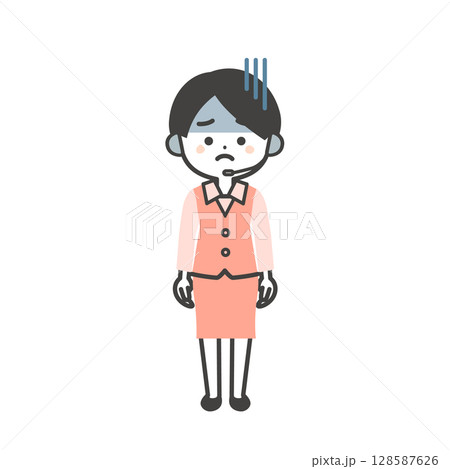 暗い表情の制服姿の3頭身女性オペレーターイラスト 128587626