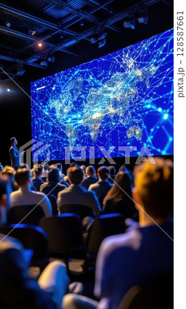 Dynamic conference stage with a global data map display and a presenter narrating big data migration. Data scientist 128587661