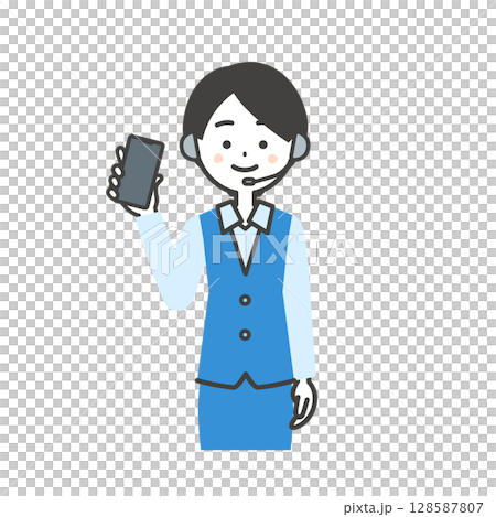 Illustration of a female operator in uniform pointing the smartphone screen towards you 128587807