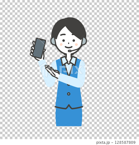 Illustration of a female operator in uniform holding a smartphone and pointing with her hand 128587809