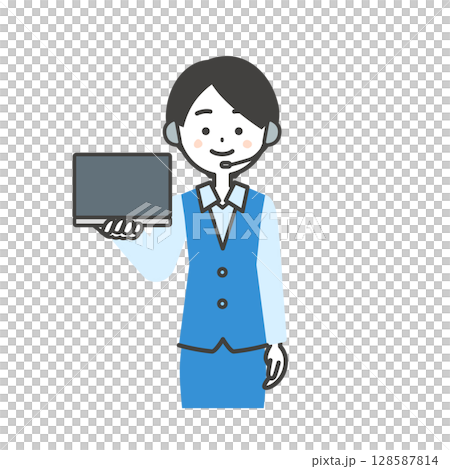 Illustration of a female operator in uniform holding a laptop 128587814