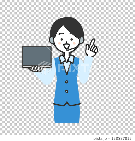 Illustration of a female operator in uniform holding a laptop and pointing up Illustration of a female operator in uniform holding a laptop and pointing up 128587815