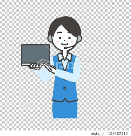 Illustration of a female operator in uniform pointing at a laptop Illustration of a female operator in uniform pointing at a laptop 128587816