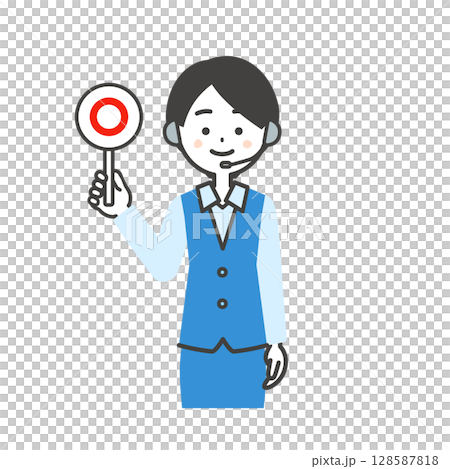 Illustration of a female operator in uniform holding a correct answer card 128587818