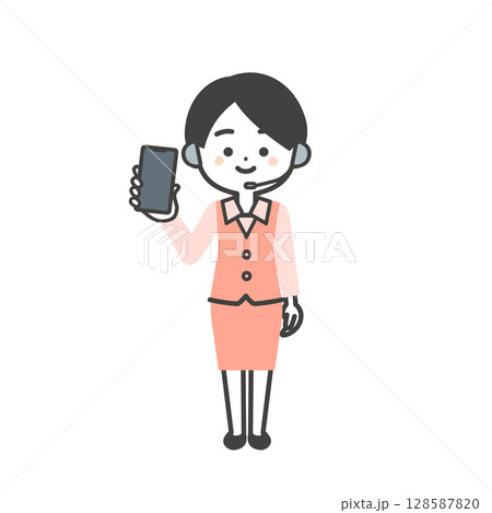 スマホの画面をこちらに向ける制服姿の3頭身女性オペレーターイラスト スマホの画面をこちらに向ける制服姿の3頭身女性オペレーターイラスト 128587820