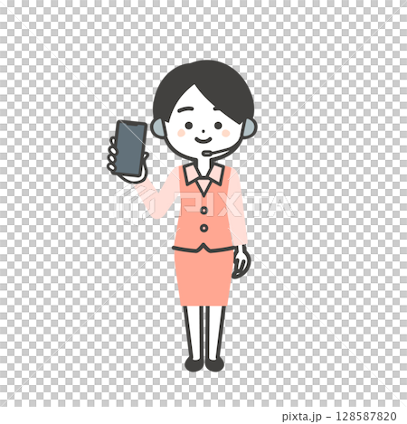 スマホの画面をこちらに向ける制服姿の3頭身女性オペレーターイラスト スマホの画面をこちらに向ける制服姿の3頭身女性オペレーターイラスト 128587820