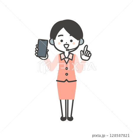 スマホの画面をこちらに向けて指を立てる制服姿の3頭身女性オペレーターイラスト スマホの画面をこちらに向けて指を立てる制服姿の3頭身女性オペレーターイラスト 128587821