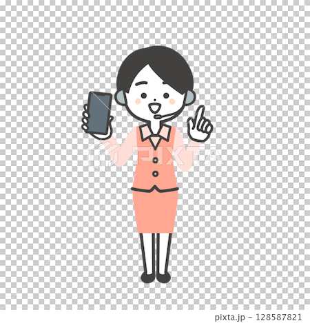 スマホの画面をこちらに向けて指を立てる制服姿の3頭身女性オペレーターイラスト スマホの画面をこちらに向けて指を立てる制服姿の3頭身女性オペレーターイラスト 128587821