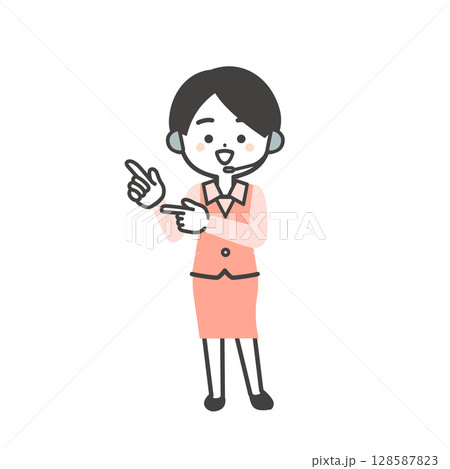 両手の指で指し示す制服姿の3頭身女性オペレーターイラスト 両手の指で指し示す制服姿の3頭身女性オペレーターイラスト 128587823