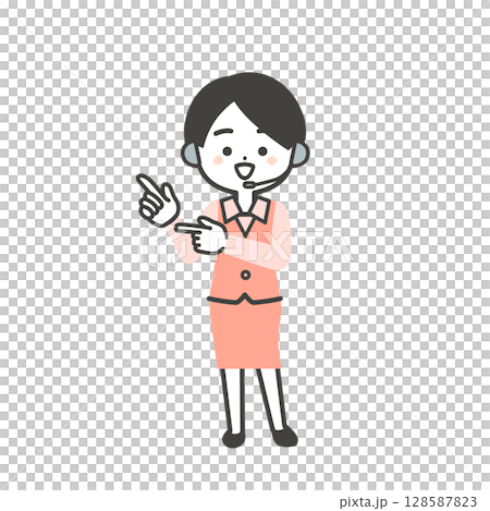 Illustration of a three-dimensional female operator in uniform pointing with both hands 128587823