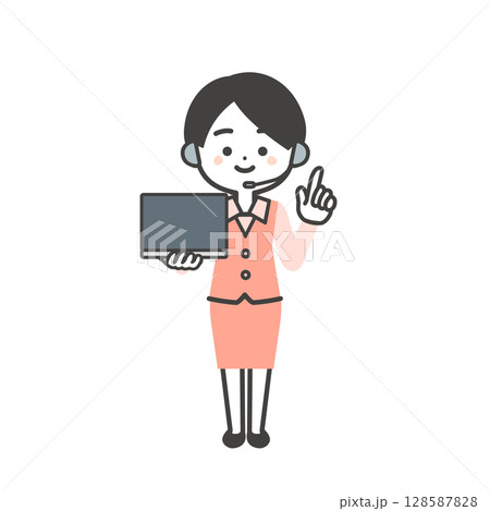 ノートパソコンを持って指を立てる制服姿の3頭身女性オペレーターイラスト 128587828