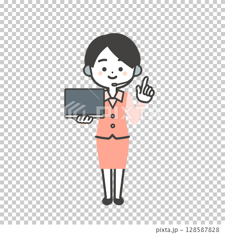 Illustration of a three-dimensional female operator in a uniform holding a laptop and pointing up 128587828