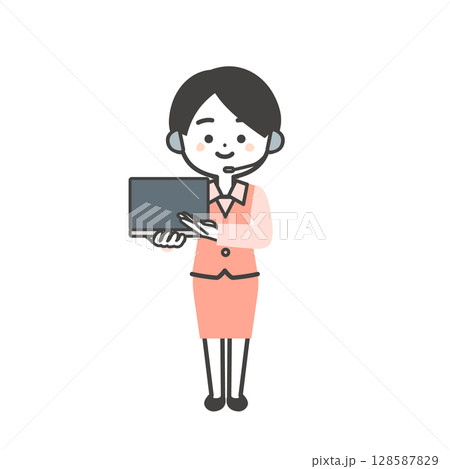ノートパソコンを手にもって指し示す制服姿の3頭身女性オペレーターイラスト ノートパソコンを手にもって指し示す制服姿の3頭身女性オペレーターイラスト 128587829
