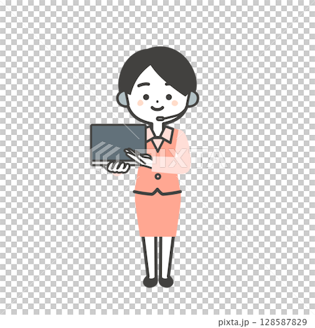 Illustration of a three-dimensional female operator in a uniform holding a laptop and pointing 128587829