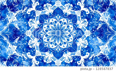 Abstract Blue and White Floral Mandala Design 128587837