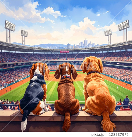 野球観戦をする犬 128587973