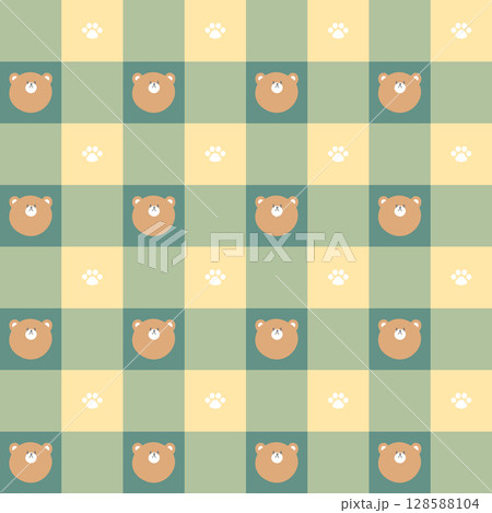 seamless minimal bear repeat pattern in green and yellow color plaid checkered background, flat jpg illustration graphic design 128588104