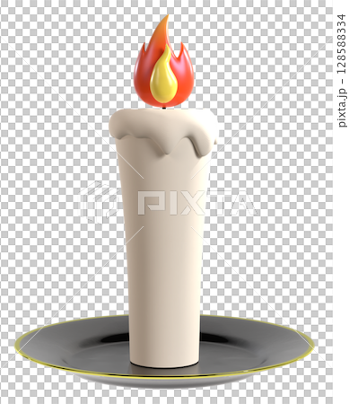 3D illustration of a simple candle gently burning on a plate 128588334