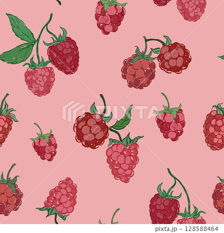 Vector seamless pattern of fresh raspberry. Hand-drawn ripe fruits isolated on pink background. Tasty food illustration for design, print, fabric or background. 128588464