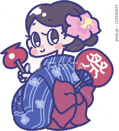浴衣を着たお祭りを楽しむ女の子のイラスト 128588625