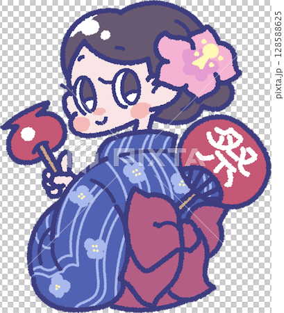 浴衣を着たお祭りを楽しむ女の子のイラスト 128588625