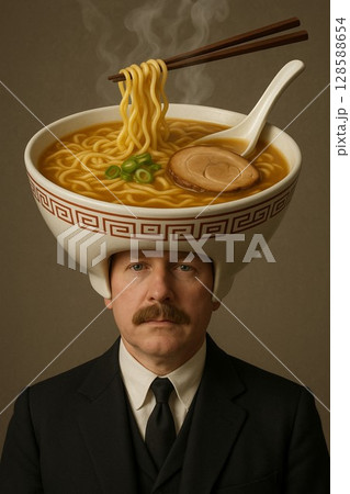 湯気の立つラーメンどんぶりを頭にのせたスーツ姿の男性が無表情で佇む、ユニークで風刺的なアート 128588654