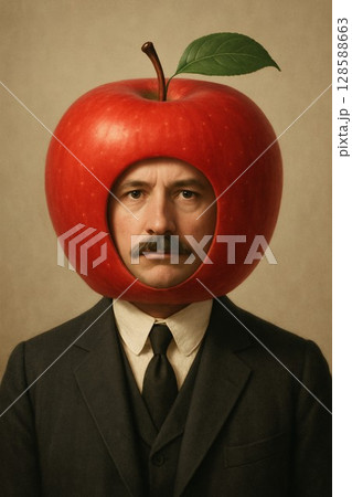 リンゴになった紳士のポートレート｜シュールでユーモラスなフルーツ頭の男性イラスト風写真 128588663