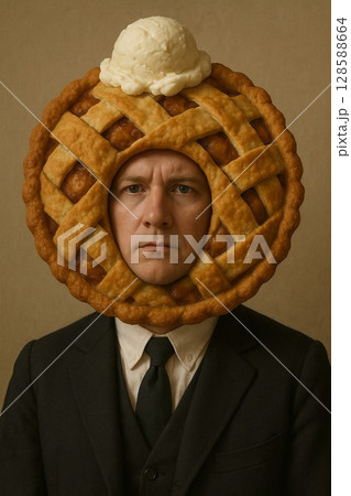 アップルパイの顔をした紳士のユニークな肖像|アイスクリーム付きの奇抜なスイーツアート写真 アップルパイの顔をした紳士のユニークな肖像|アイスクリーム付きの奇抜なスイーツアート写真 128588664